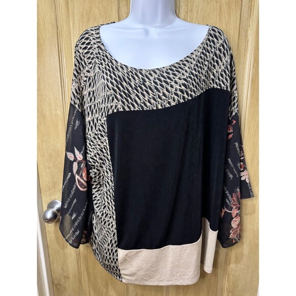Chico's Travelers By Chicos Geometric Artsy Tunic Top Slinky Black Floral 3 (XL) - Picture 1 of 7